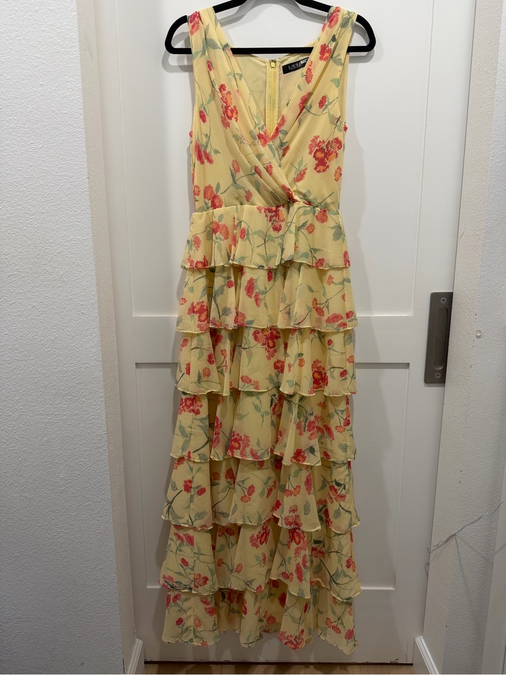 Lauren Ralph Lauren Floral Butter Yellow Georgette Tiered Maxi Gown $269 Formal
